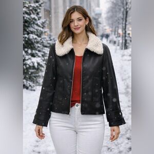 Mango Black Faux Leather Jacket with faux fur collar